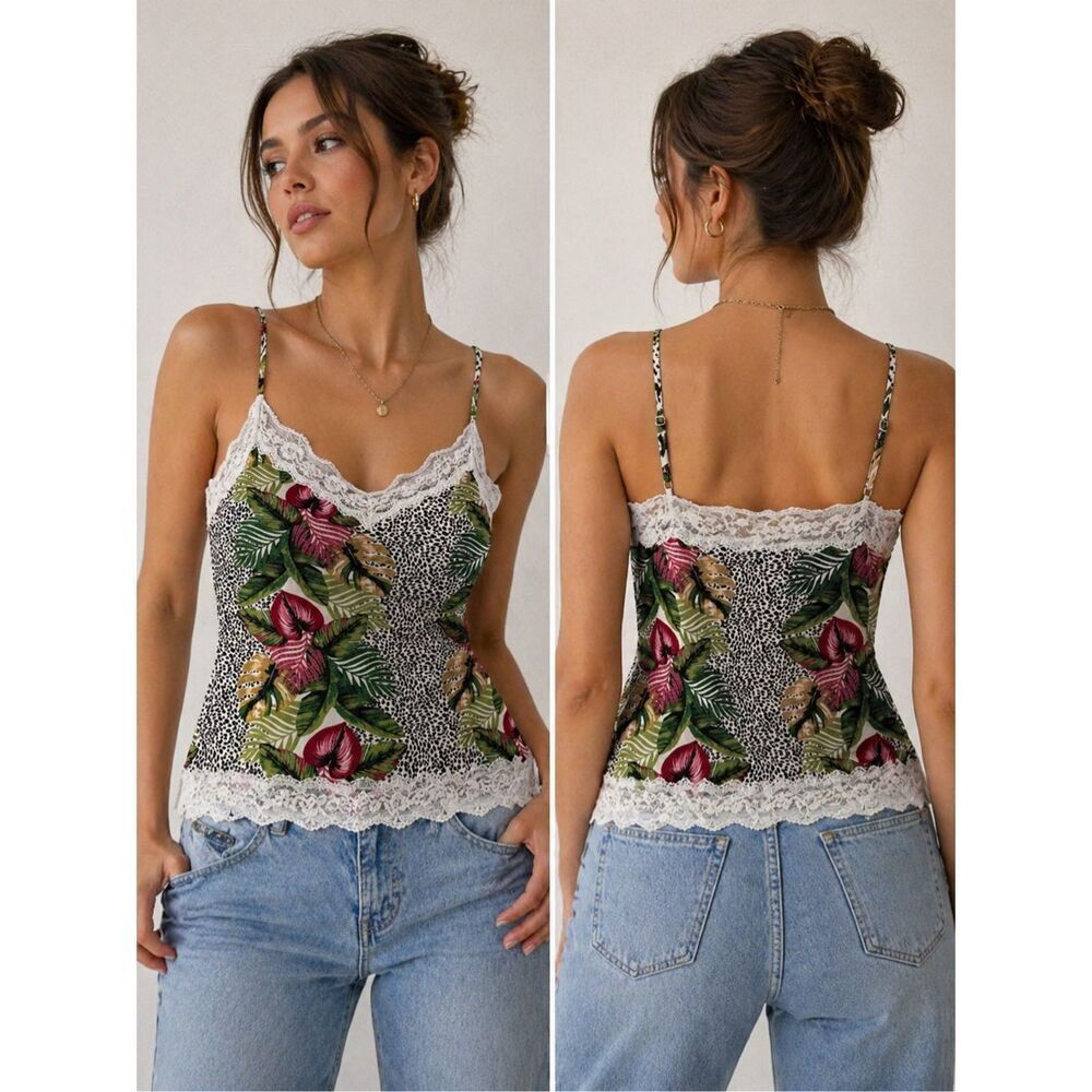 Tezenis Womens Cami Top Floral Lace Trim Spaghetti Strap Stretch Size L
